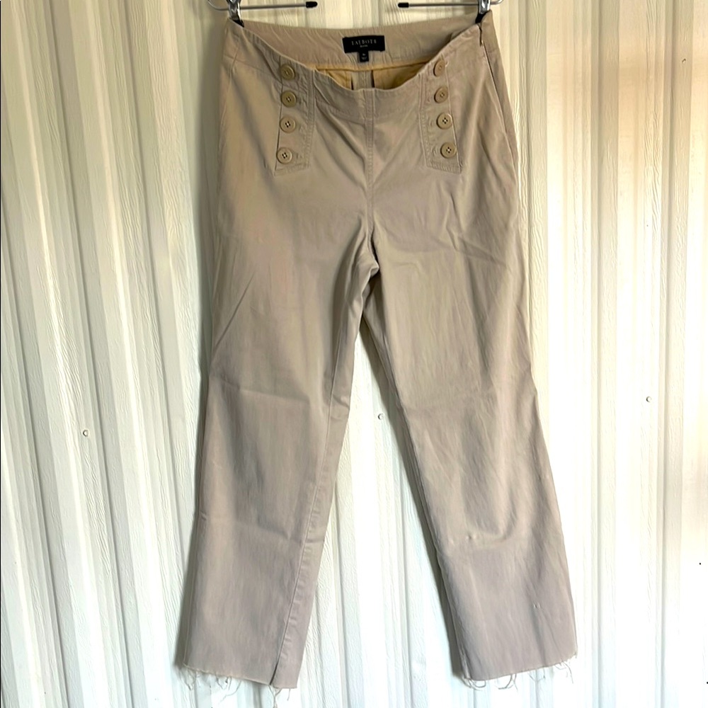 TALBOTS Tan Button-Front Wide Leg Frayed Hem Pants Womens 4P